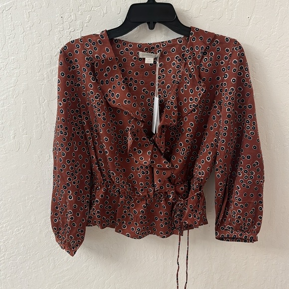 Outerknown Rhiannon cinnamon Brown floral wrap top organic cotton blend Small - Picture 2 of 5